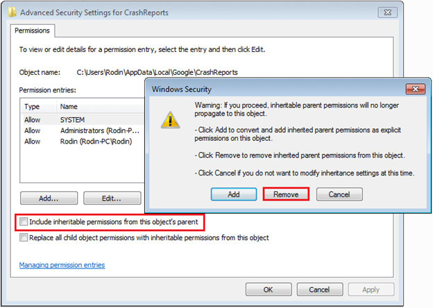 Enable inherited permissions