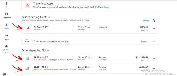 Calendário de voos do Google com preços